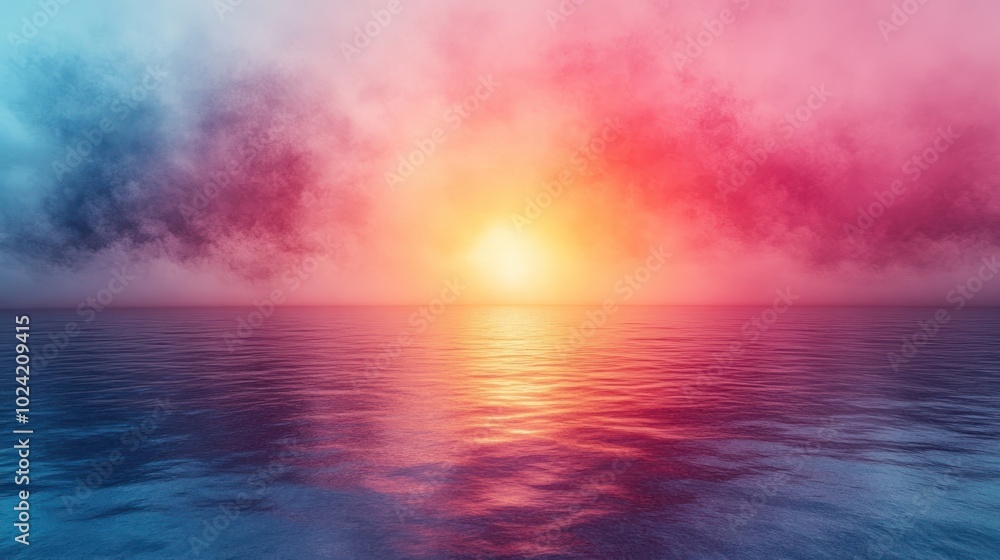 A vibrant sunset over a calm ocean, with colorful clouds reflecting on the water. A vibrant sunset over a calm ocean, with colorful clouds reflecting on the water.