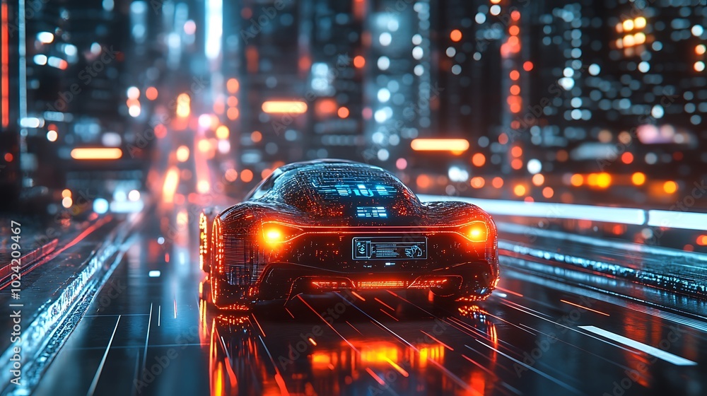 Electric autonomous car on a high-tech highway, glowing digital overlays showing AI navigation, safety indicators, and speed data, futuristic cityscape backdrop glowing in the night, Electric autonomous car on a high-tech highway, glowing digital overlays showing AI navigation, safety indicators, and speed data, futuristic cityscape backdrop glowing in the night,