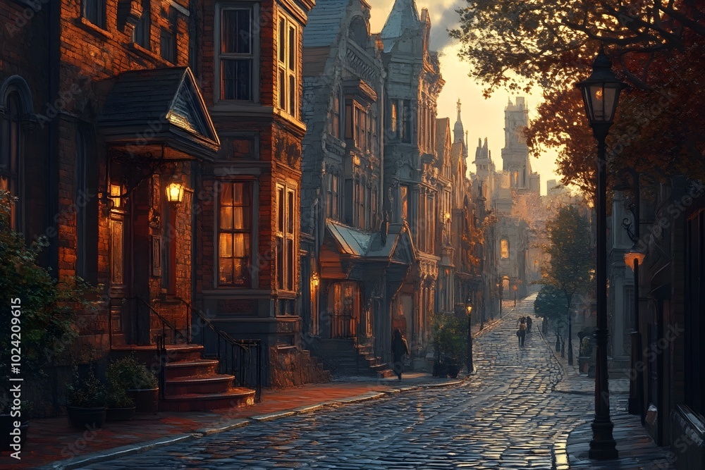 A Narrow Cobblestone Street in a European City at Dusk A Narrow Cobblestone Street in a European City at Dusk