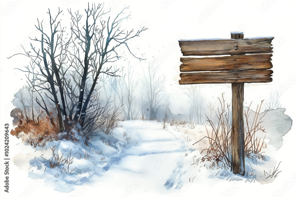 Naklejka premium A watercolor illustration of a trail winding through a serene winter forest, where the ground and trees are blanketed in soft, white snow. , A large wooden signboard stands along the trail