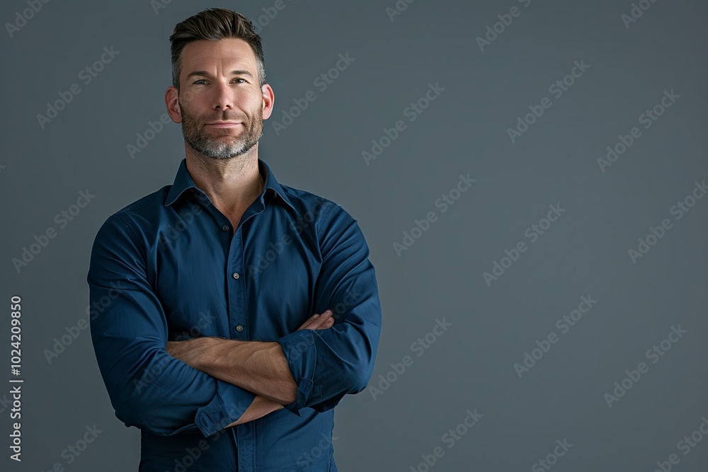 Confident modern businessman in a deep blue shirt with crossed arms, standing alone against a neutral gray background Confident modern businessman in a deep blue shirt with crossed arms, standing alone against a neutral gray background