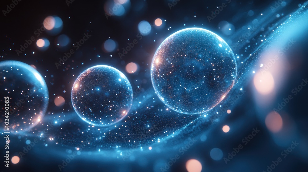 Abstract 3D rendering of glowing orbs and particles in a blue and pink color scheme. Abstract 3D rendering of glowing orbs and particles in a blue and pink color scheme.