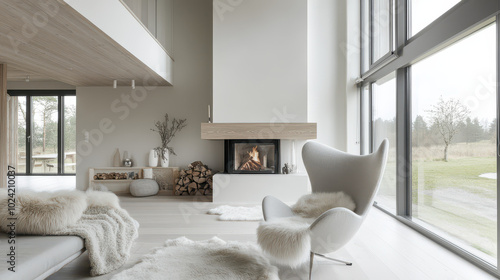 Scandinavian modern living room showcasing an egg chair, clerestory windows, and pale wood accents. Bright and airy design with high-quality interior photography. photo