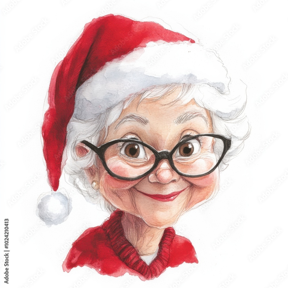 Cheerful elderly woman in a Santa hat with glasses, celebrating the holiday spirit Cheerful elderly woman in a Santa hat with glasses, celebrating the holiday spirit