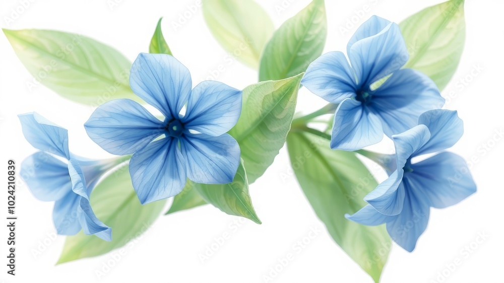 Fototapeta premium High-Resolution Watercolor Blue Flowers with Green Leaves - Bokeh Effect Photography