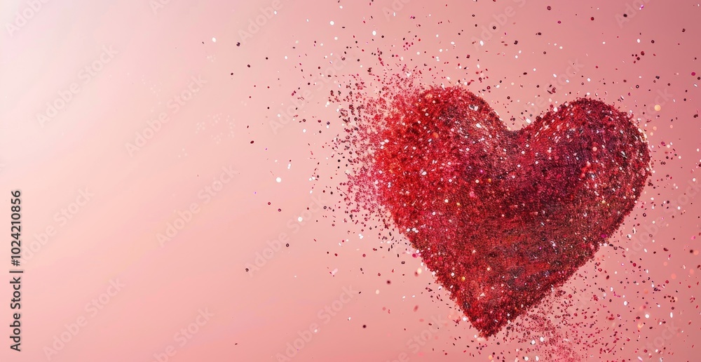 A heart shape made of red glitter particles flying in the air on pink background with copy space A heart shape made of red glitter particles flying in the air on pink background with copy space
