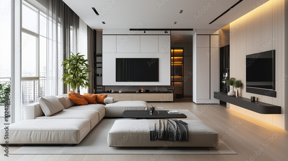 Fototapeta premium Minimalist interior design of modern living room