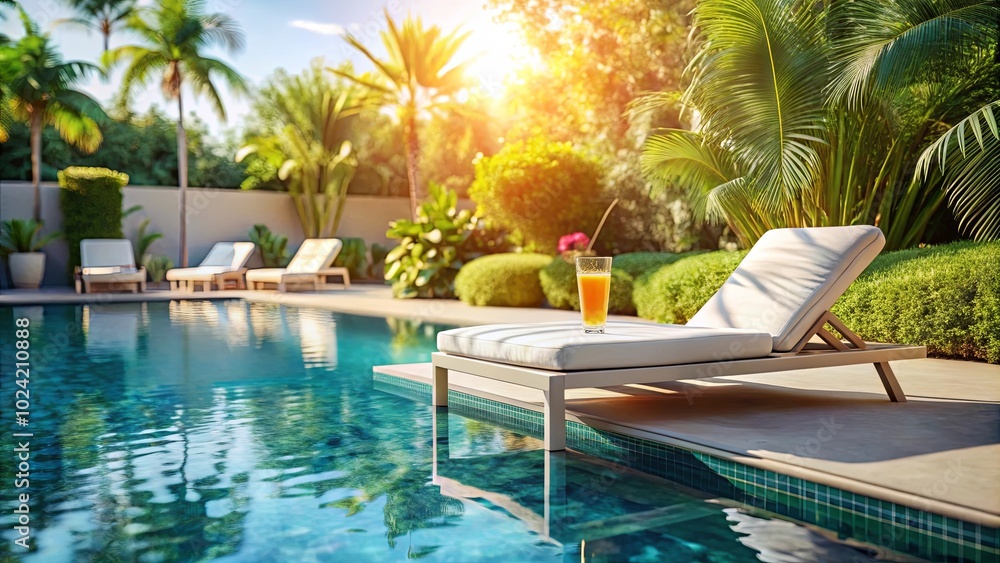 Fototapeta premium A refreshing drink rests on a lounge chair by the pool, inviting relaxation and escape from the everyday.