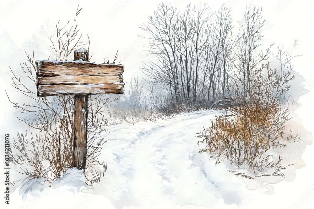Naklejka premium A watercolor illustration of a trail winding through a serene winter forest, where the ground and trees are blanketed in soft, white snow. , A large wooden signboard stands along the trail