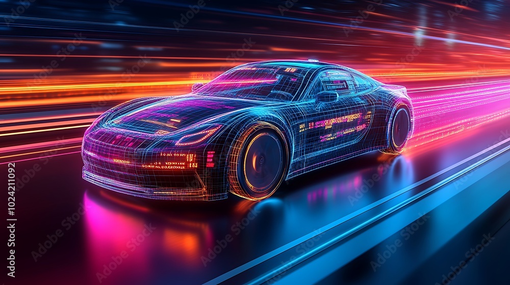Electric self-driving car cruising on a smart highway, colorful digital data overlays indicating speed, safety, and AI navigation, dynamic futuristic environment, neon-lit road, modern city backdrop, Electric self-driving car cruising on a smart highway, colorful digital data overlays indicating speed, safety, and AI navigation, dynamic futuristic environment, neon-lit road, modern city backdrop,