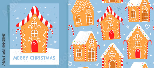 Gingerbread house on a blue background. Homemade christmas cookie with white sugar glaze. Christmas card. And christmas seamless pattern for wrapping paper, fabric, card.