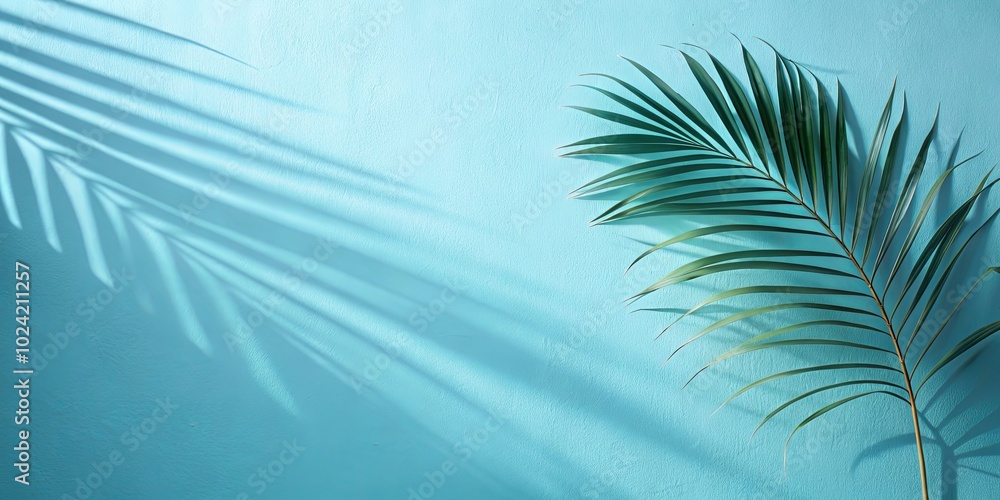 Tropical Leaf Casts an Abstract Pattern of Light and Shadow on a Pastel Blue Wall