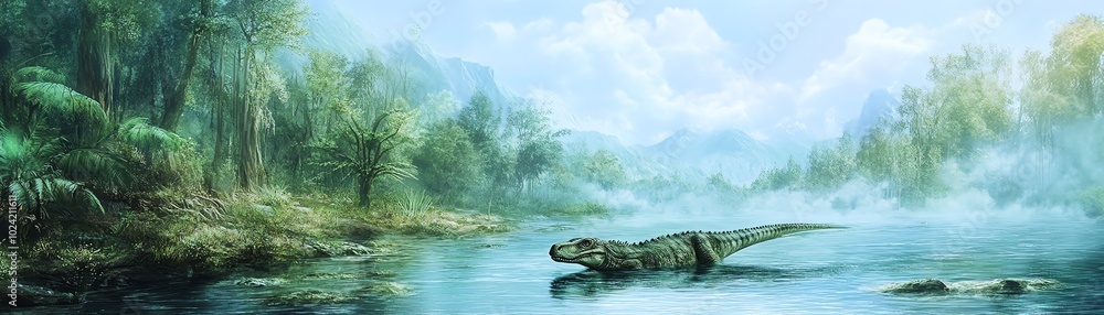 Fototapeta premium A majestic dinosaur wading through a serene prehistoric landscape, surrounded by lush greenery and misty skies.