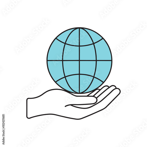 Hand grasping a globe icon, symbolizing global awareness and connection, set against a clean white background isolated doodle line art flat vector illustration on white background.