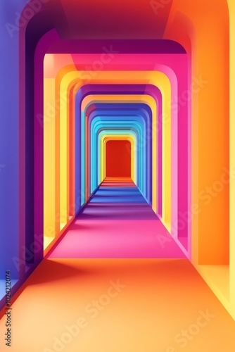 A stunning abstract corridor featuring vibrant colors, geometric archways, and gradient lighting, creating a mesmerizing visual effect.