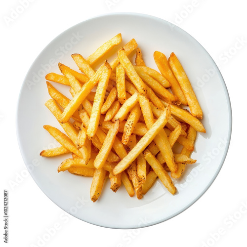 French fries on a plate, isolated on a white background, creating a classic and simple presentation. PNG