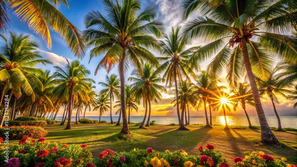 Fototapeta premium A tropical paradise bathed in golden sunlight, with a vibrant array of foliage and palm trees swaying gently in the warm breeze.