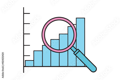  Magnifying glass positioned over a graph emphasizing data analysis isolated doodle line art flat vector illustration on white background