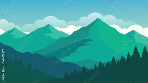  Lush green mountains rise beneath a sky filled with soft, white clouds, creating a serene and picturesque landscape flat vector illustration Nature background