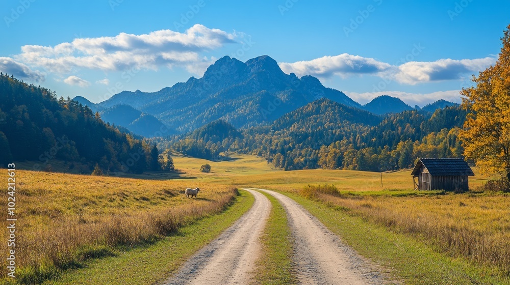 A winding dirt road leads through a valley with a small wooden hut and a lone sheep in the foreground. A winding dirt road leads through a valley with a small wooden hut and a lone sheep in the foreground.