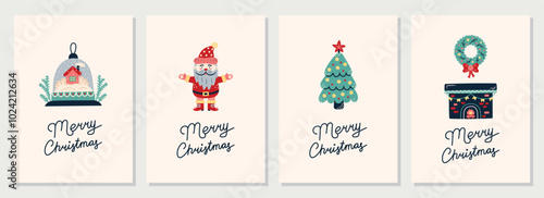 Set of simple Christmas cards. Greeting card on light beige background. Christmas and New Year. Vector illustration.