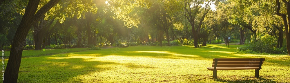Sunlit park landscape with a wooden bench and lush greenery, capturing the serene beauty of nature in a peaceful urban setting. Sunlit park landscape with a wooden bench and lush greenery, capturing the serene beauty of nature in a peaceful urban setting.