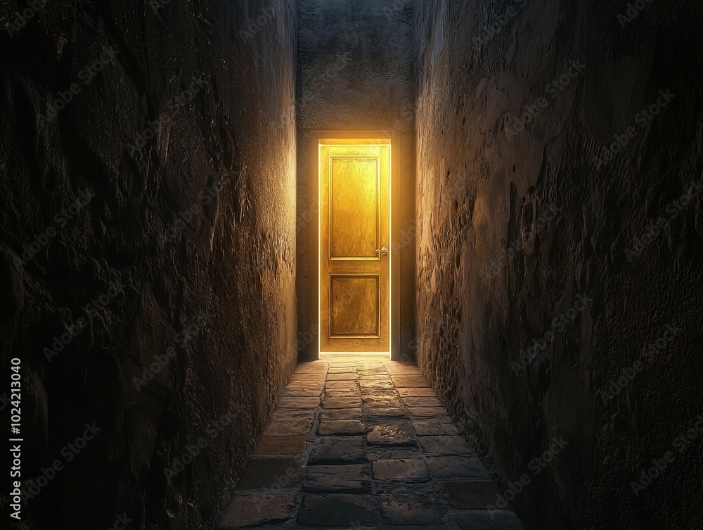Obraz premium Bright Golden Door at the End of a Narrow Alleyway