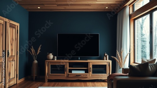 Macro Photography of a Wooden TV Cabinet in a Living Room with Dark Blue Wall – High-Resolution 32K photo