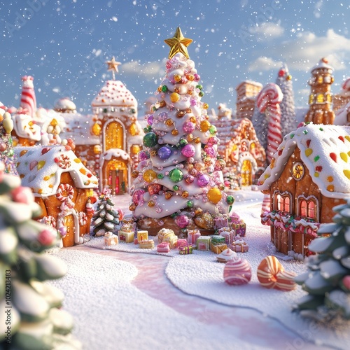 Magical winter scene of a gingerbread village with a decorated Christmas tree and snowfall