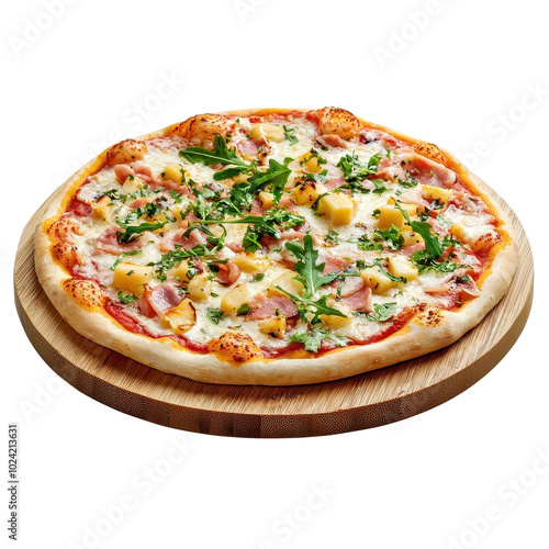 Pizza Hawaiian on a wooden tray, isolated on a white background, rustic and appetizing. PNG