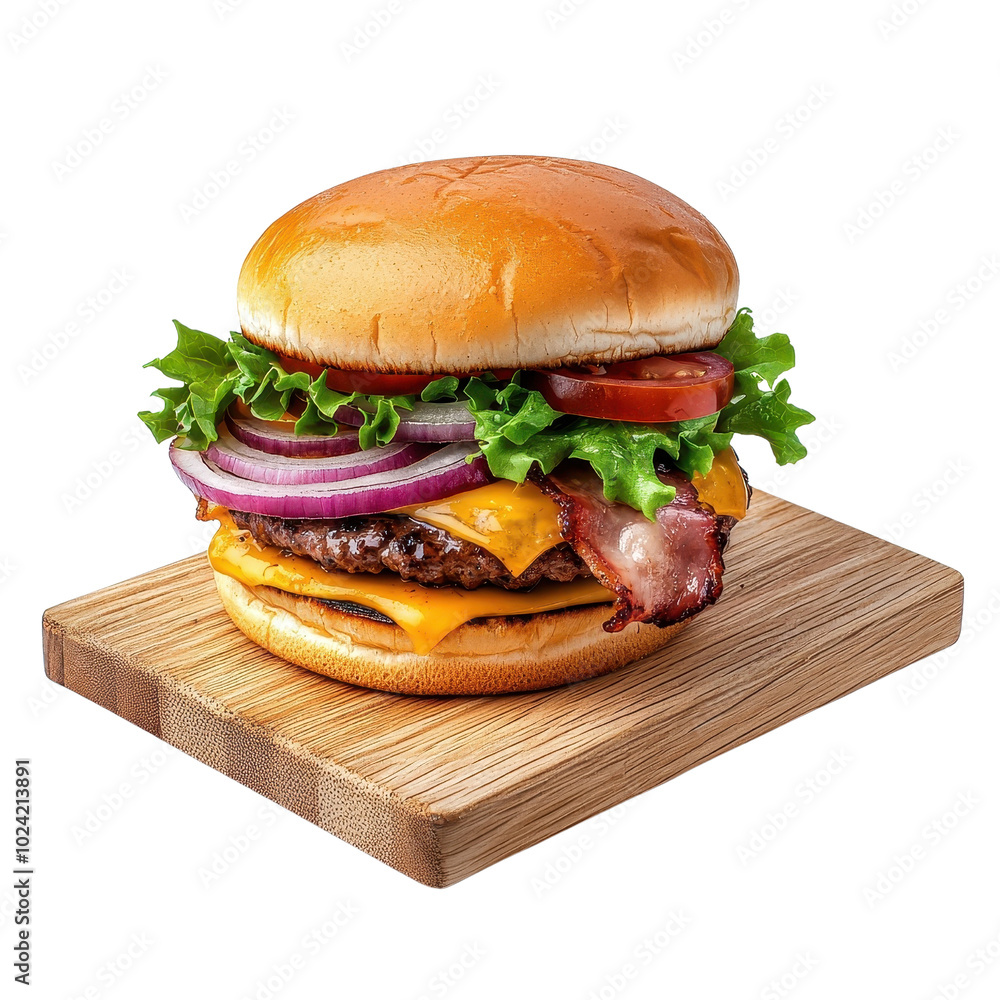 Bacon cheeseburger on a wooden tray, isolated on a white background, rustic and appetizing. PNG Bacon cheeseburger on a wooden tray, isolated on a white background, rustic and appetizing. PNG