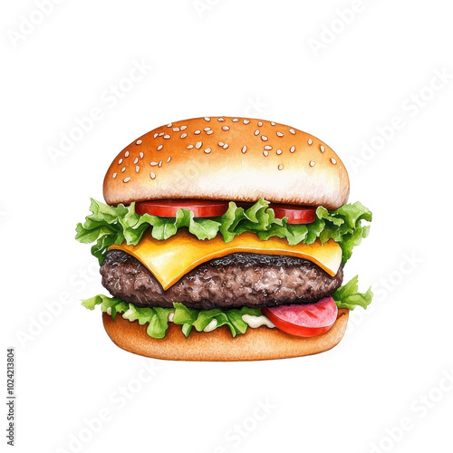 Watercolor-style Cheeseburger, isolated on a white background, soft and visually appealing. PNG