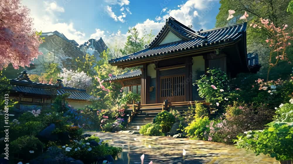 A traditional Japanese house with a beautiful garden and mountains in the background A traditional Japanese house with a beautiful garden and mountains in the background