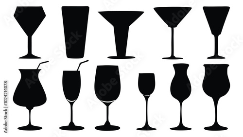 Various alcohol cocktail glasses bar silhouettes set isolated flat vector illustration on white background