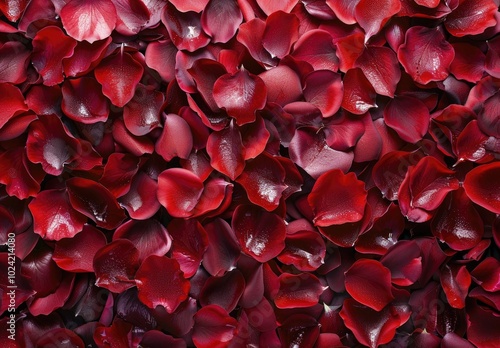 A pile of red rose petals, arranged in an intricate pattern, creating a vibrant and romantic background for Special Day or special events. photo