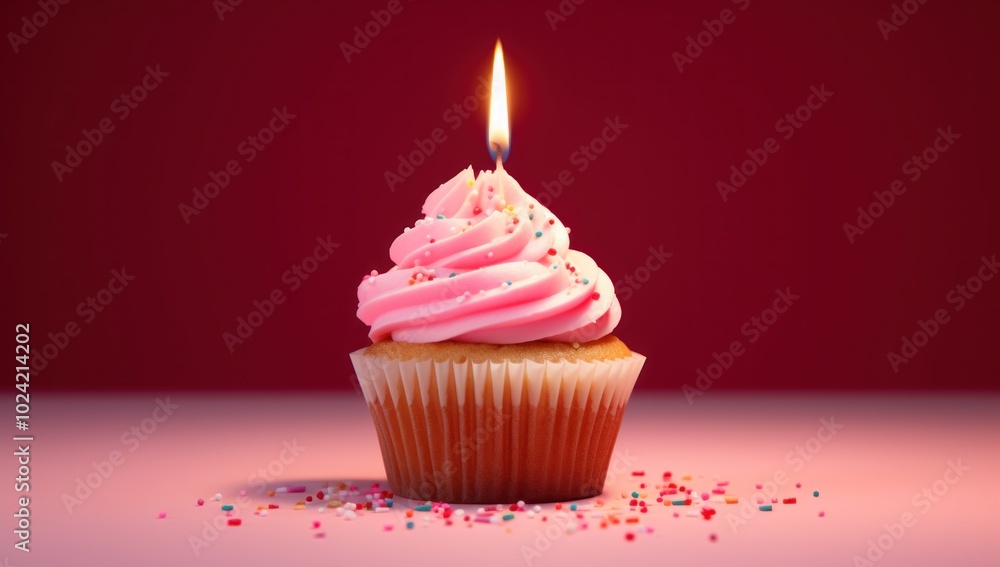 Pink Frosted Cupcake with Candle and Sprinkles Pink Frosted Cupcake with Candle and Sprinkles