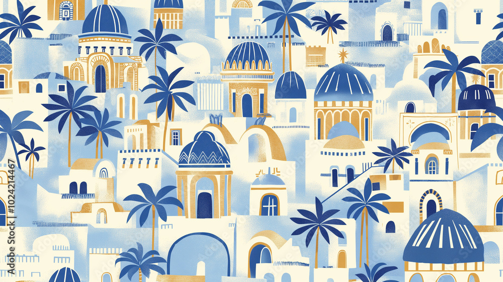 buildings and streets in bright blue, white, beige and gold tones with arched doorways and domes buildings and streets in bright blue, white, beige and gold tones with arched doorways and domes