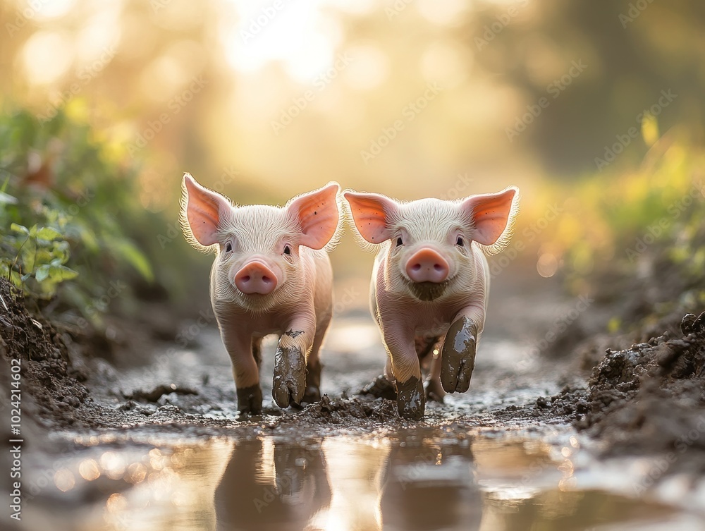 Playful Piglets in a Tranquil Morning Setting Playful Piglets in a Tranquil Morning Setting
