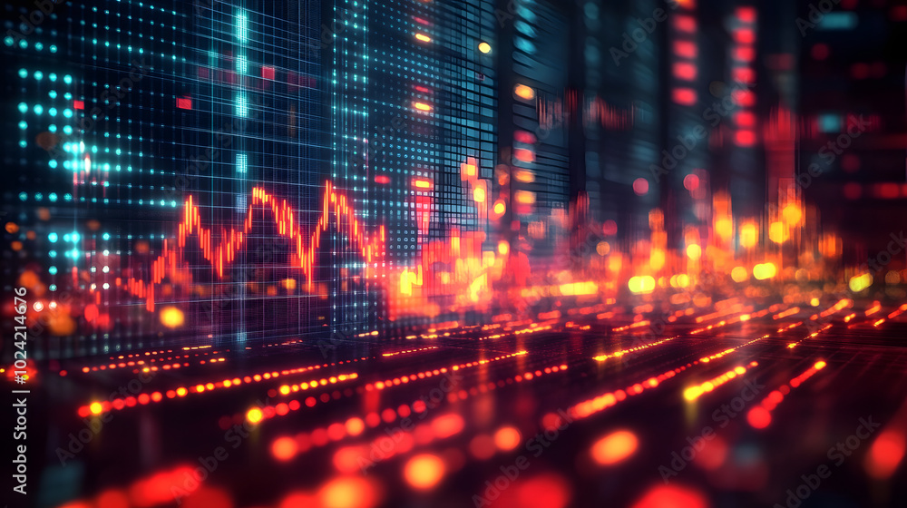 Fototapeta premium dynamic digital backdrop representing stock market trends with upward and downward arrows intricate financial charts and indicators set against a sleek modern design