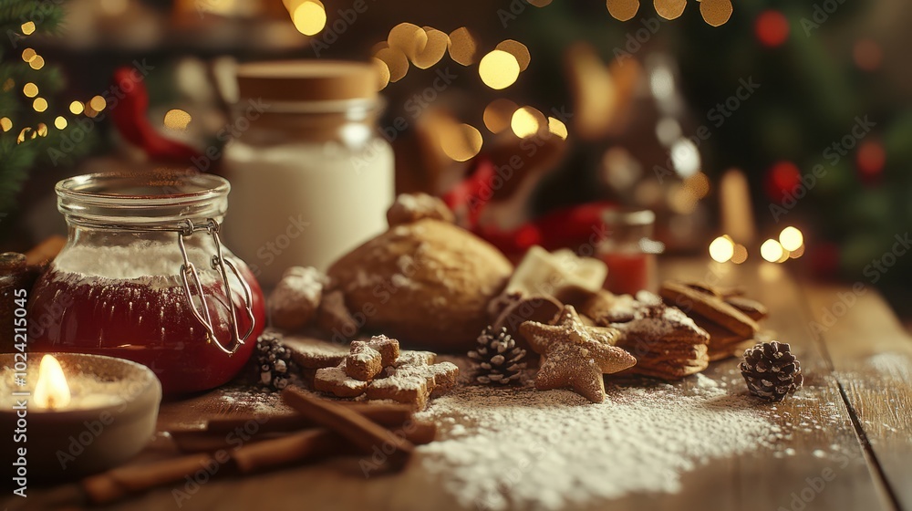 Christmas baking ingredients creating festive atmosphere on table Christmas baking ingredients creating festive atmosphere on table