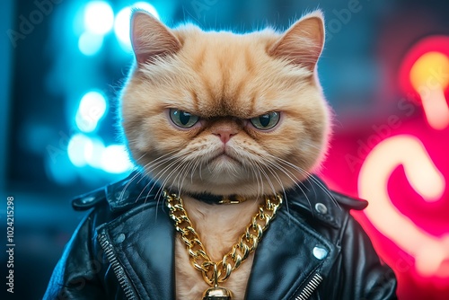 A Cat in a Leather Jacket, Mean Look, Gold Chain, Close-up Portrait, Pet Fashion, Cat Fashion, Animal Portrait, Cool Cat, Fashionable Pet photo