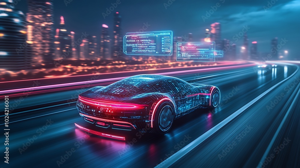 Futuristic autonomous car on a sleek highway, glowing holographic data displays floating above showing vehicle status, navigation, and speed, neon-lit futuristic cityscape in the background, Futuristic autonomous car on a sleek highway, glowing holographic data displays floating above showing vehicle status, navigation, and speed, neon-lit futuristic cityscape in the background,