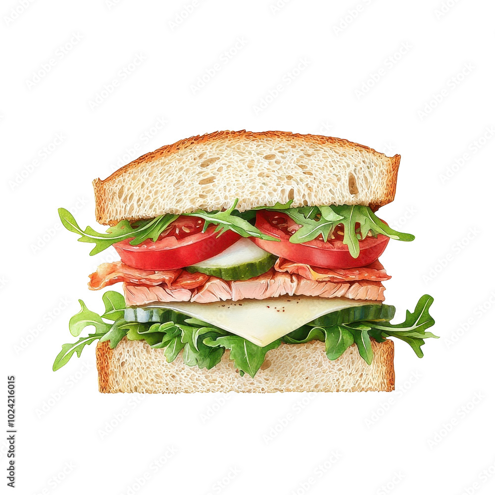 Watercolor-style tuna sandwich, isolated on a white background, soft and visually appealing. PNG Watercolor-style tuna sandwich, isolated on a white background, soft and visually appealing. PNG