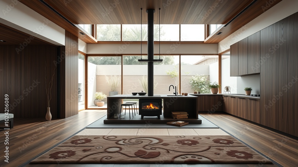 Fototapeta premium Modern Japanese Minimalist Interior Design: Sleek Kitchen and Living Room Harmony