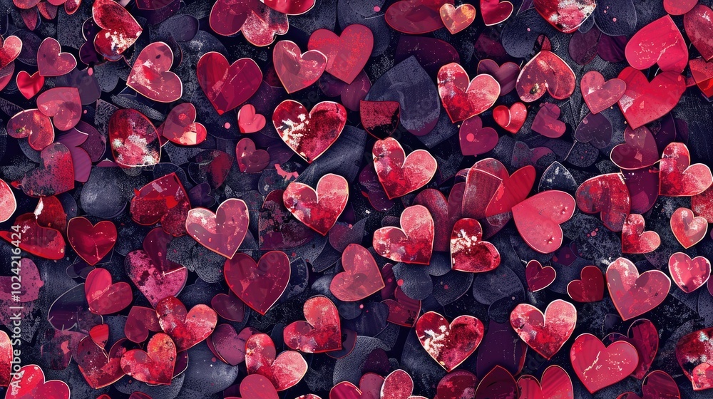 A seamless pattern of red and pink hearts, scattered across the canvas in various sizes and shapes, creating an intricate mosaic-like effect on a dark background. A seamless pattern of red and pink hearts, scattered across the canvas in various sizes and shapes, creating an intricate mosaic-like effect on a dark background.