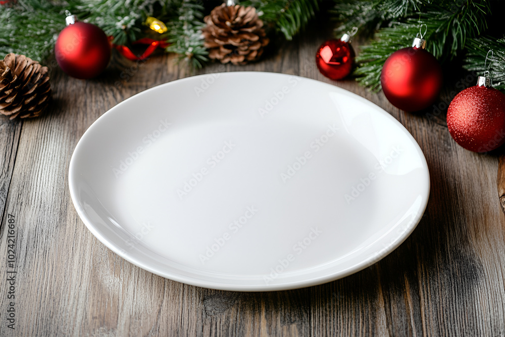 Empty white plate with tablecloth on wooden table over green wall and pine tree decoration background. Christmas mock up for design and product display. Empty white plate with tablecloth on wooden table over green wall and pine tree decoration background. Christmas mock up for design and product display.