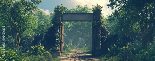 Ancient stone archway in lush forest, dappled sunlight filtering through dense foliage, evoking mystery and adventure in a serene nature setting.