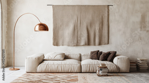 Minimalist Bohemian living room featuring a linen sofa, handwoven tapestry, concrete floors, and art books. Textural beauty in muted earth tones. High-quality interior photography. photo