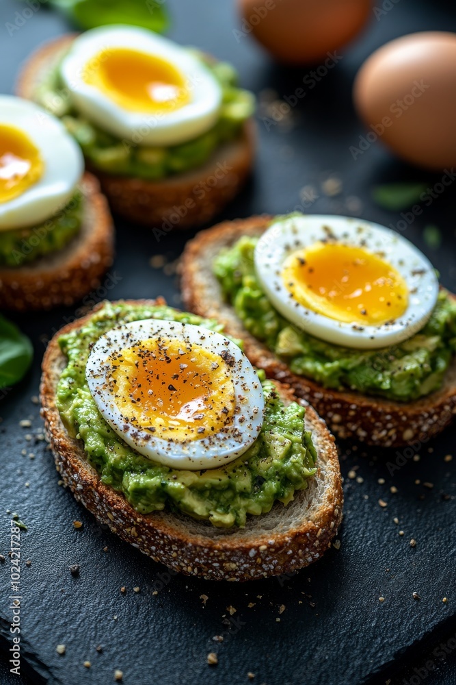 A delightful breakfast spread featuring slices of toasted bread layered with smooth avocado and garnished with soft boiled eggs, sprinkled with black pepper A delightful breakfast spread featuring slices of toasted bread layered with smooth avocado and garnished with soft boiled eggs, sprinkled with black pepper