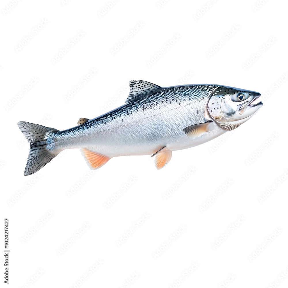 Flying salmon fillet, isolated on a white background, adding a playful and dynamic touch. PNG Flying salmon fillet, isolated on a white background, adding a playful and dynamic touch. PNG